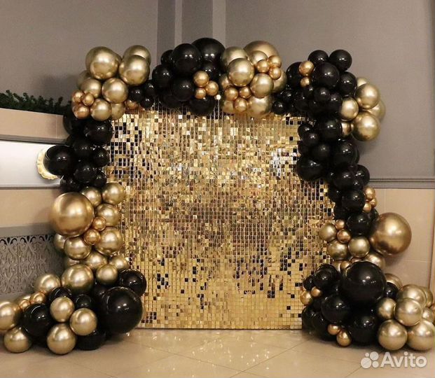 Фотозона на праздник с пайетками, шарами, неоном