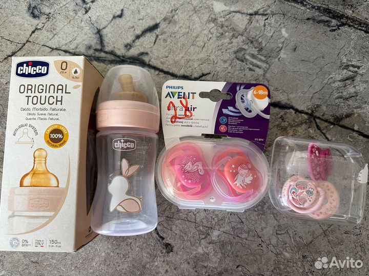 Пустышки lovi 3- 6, avent 6-18, бутылочка chicco