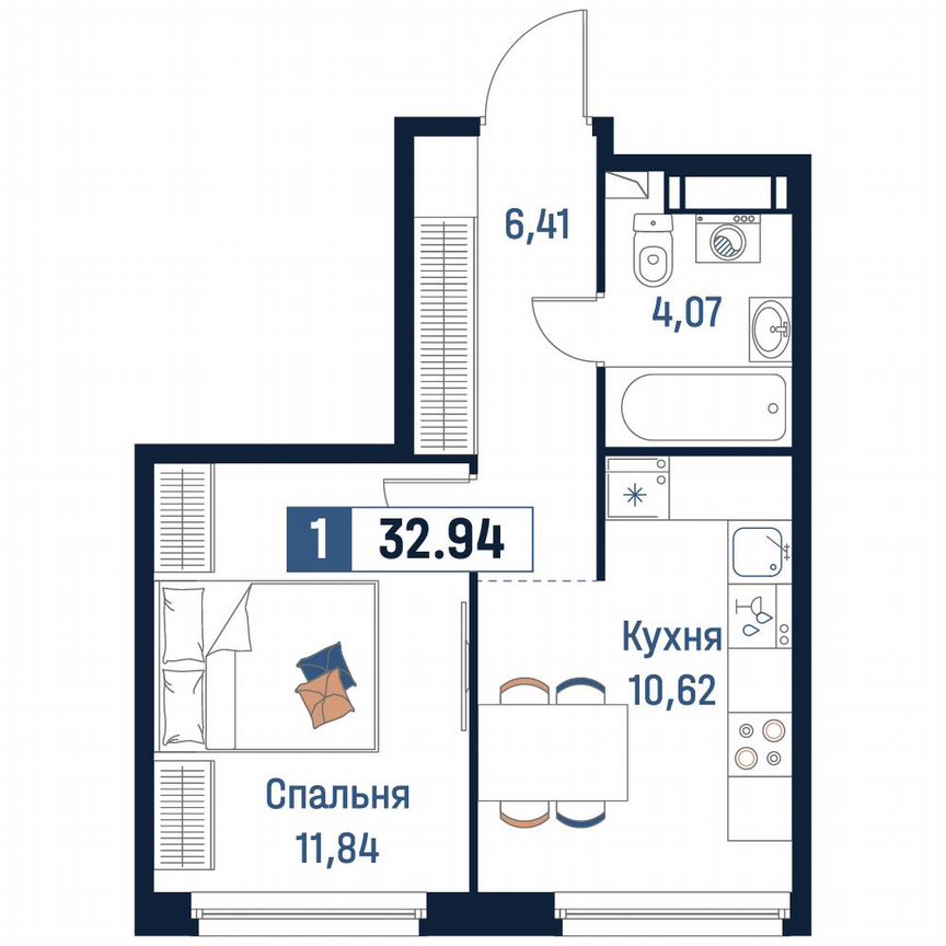 1-к. квартира, 32,9 м², 12/18 эт.