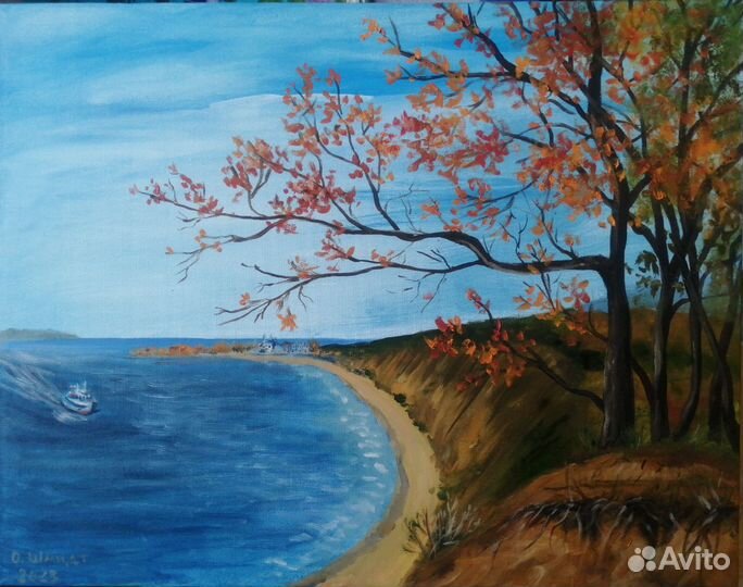 Осенний пляж. Картина маслом на холсте 40х50