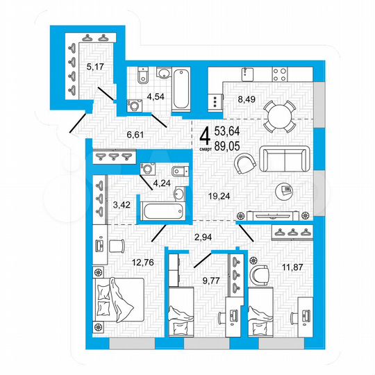 3-к. квартира, 89,1 м², 13/27 эт.