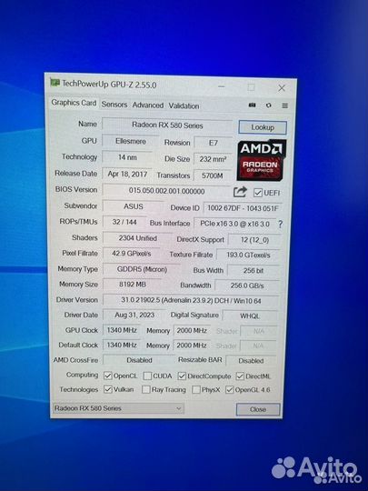 Видеокарта rx580 8gb asus 2304sp