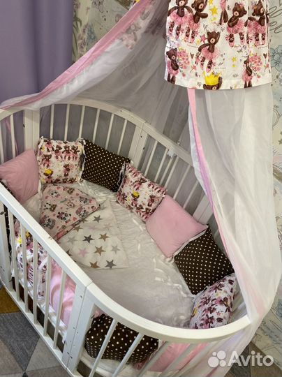 Детская кроватка овальная с бортиками 7в1