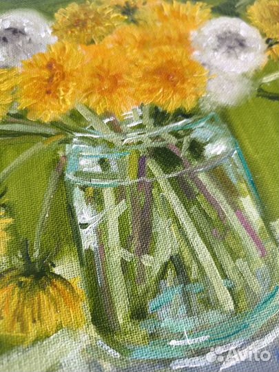 Картина маслом одуванчики в банке 30*30 см