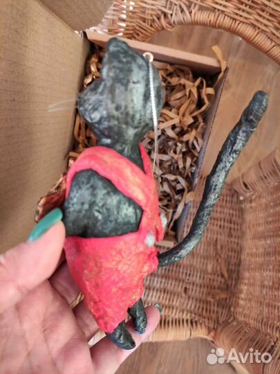 Ватная новогодняя игрушка котик 16см