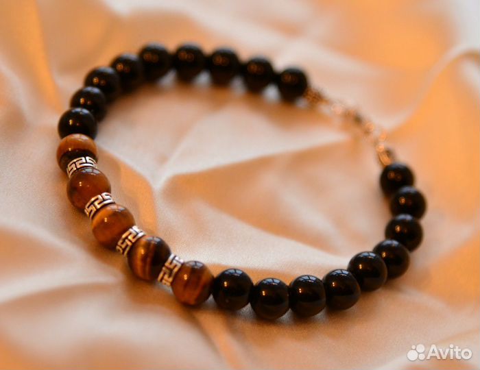 Браслет из агата, тигрового глаза и серебра 925