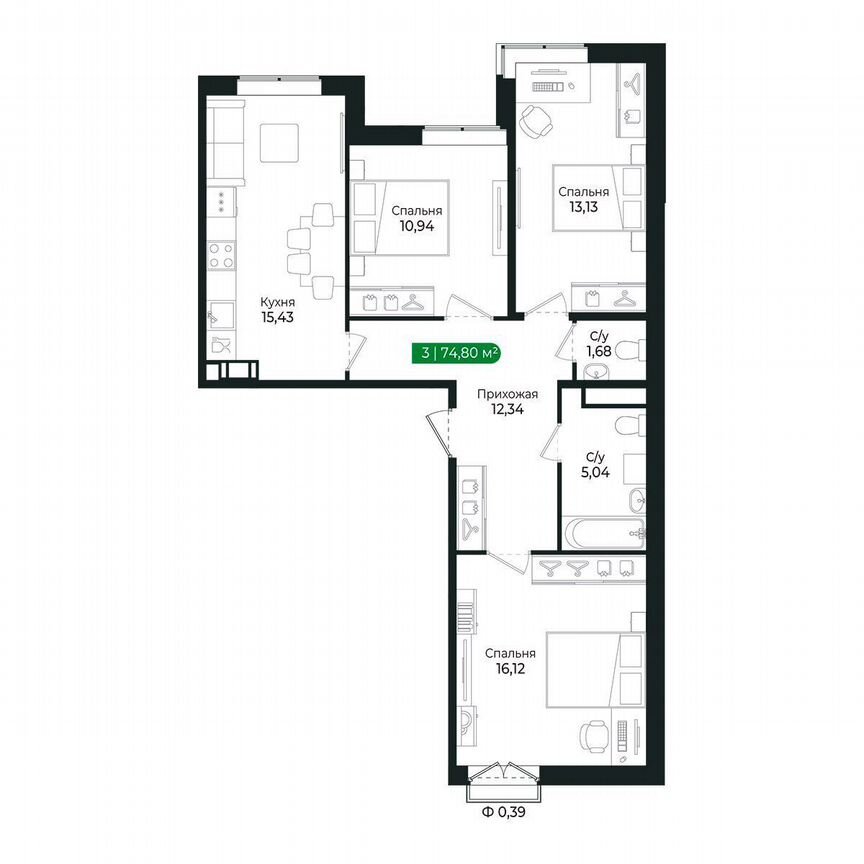 3-к. квартира, 74,8 м², 2/8 эт.