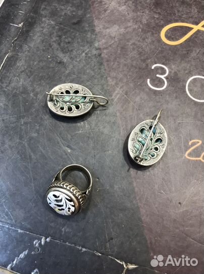 Комплект серьги кольцо серебро эмаль