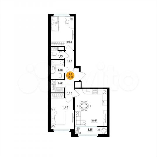 2-к. квартира, 58,7 м², 25/25 эт.