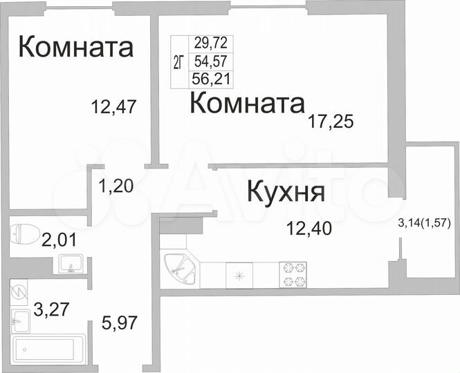 2-к. квартира, 56 м², 1/9 эт.