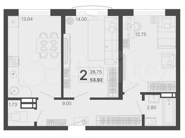 2-к. квартира, 58,4 м², 7/20 эт.