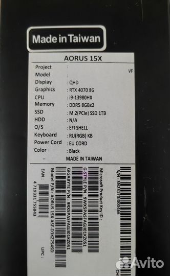 Gigabyte aorus 15X i9-13980hx/16/1000/rtx4070