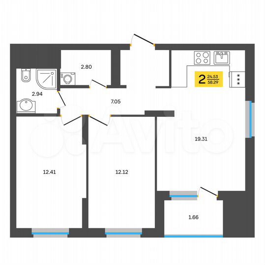 2-к. квартира, 58,3 м², 12/18 эт.