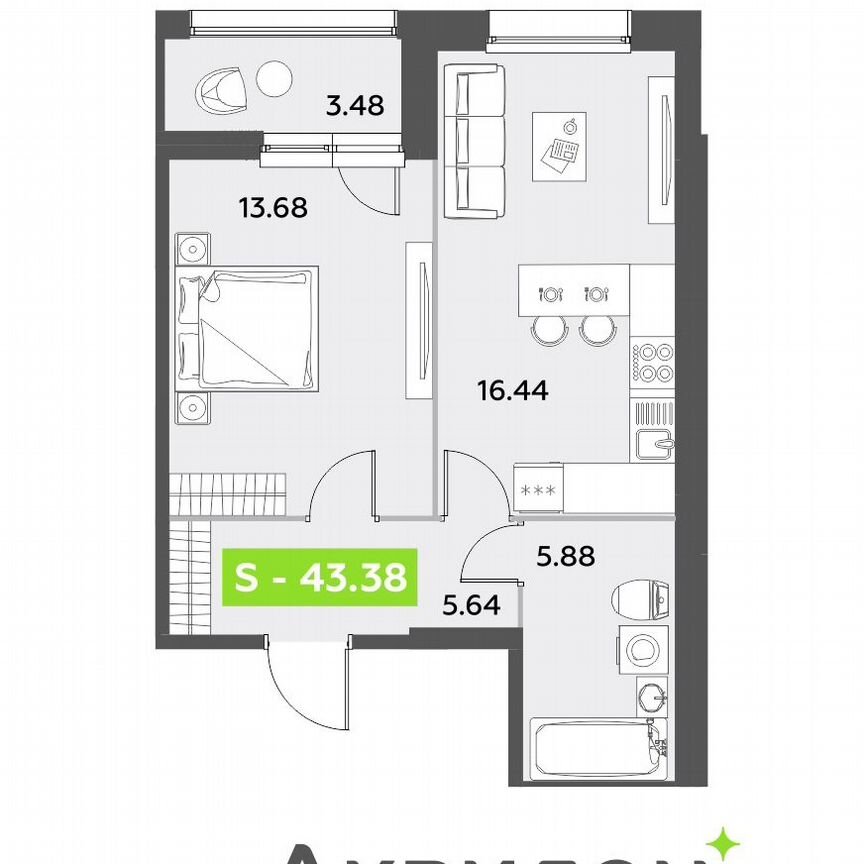 1-к. квартира, 43,4 м², 1/12 эт.