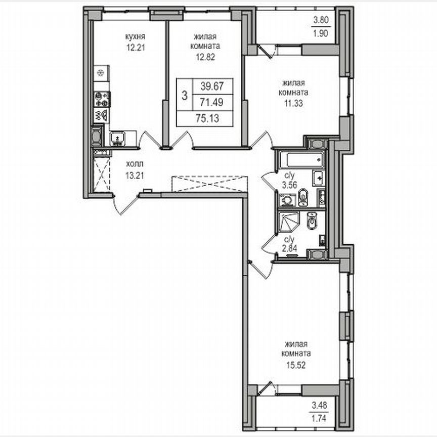 3-к. квартира, 74,2 м², 10/27 эт.