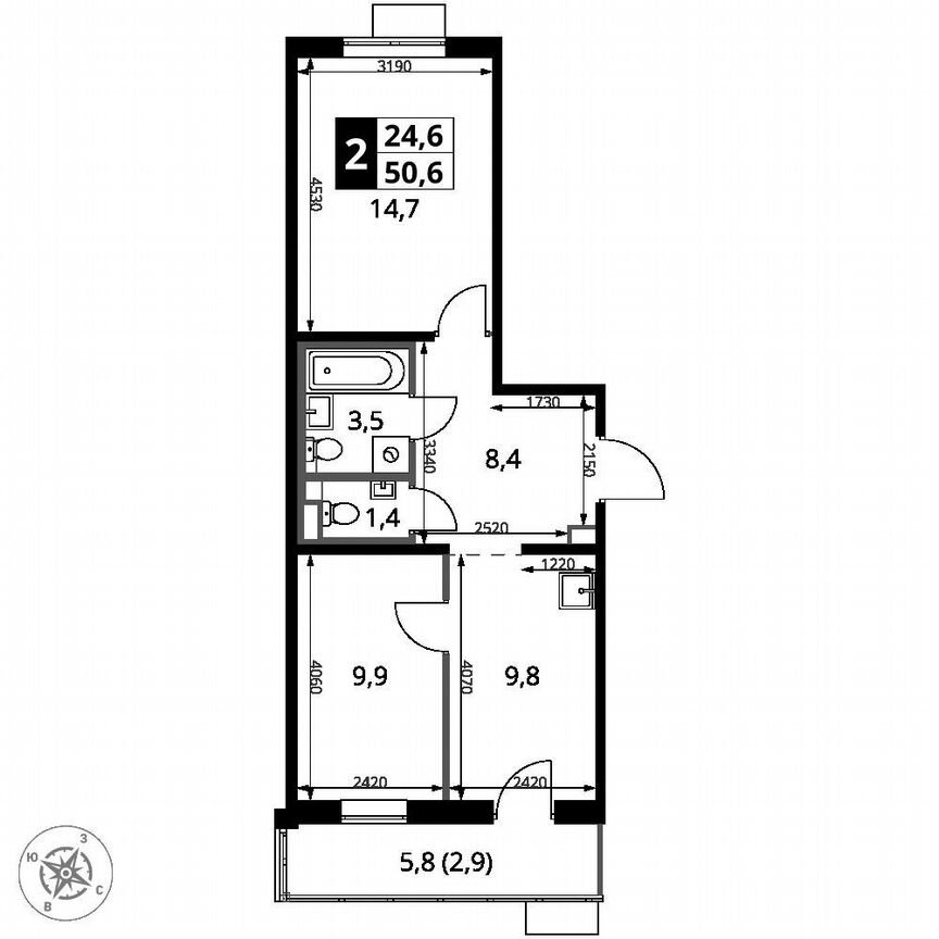 2-к. квартира, 50,6 м², 17/24 эт.
