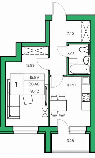 1-к. квартира, 38,5 м², 9/9 эт.