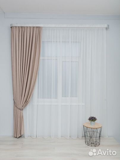 Готовый тюль на ленте канвас белый, кремовый