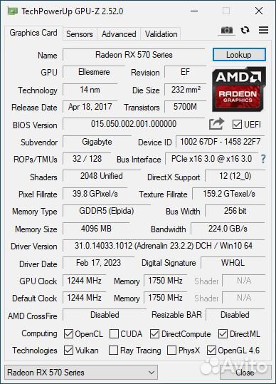 Видеокарта RX 570 4gb Gigabyte Radeon gaming 4G
