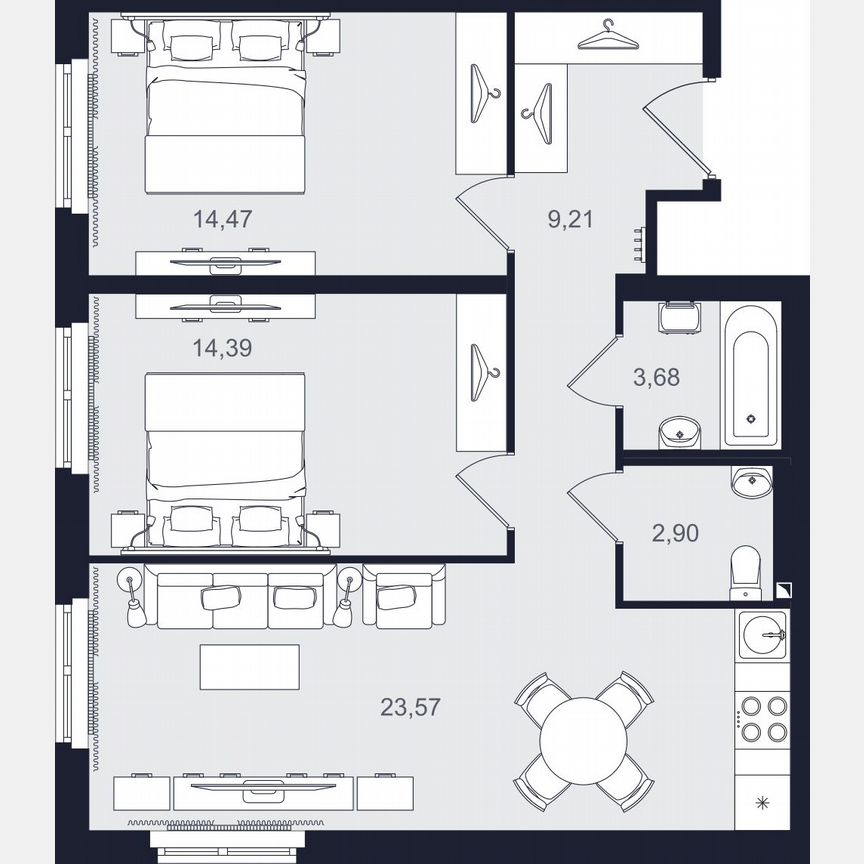 3-к. апартаменты, 68,2 м², 2/24 эт.