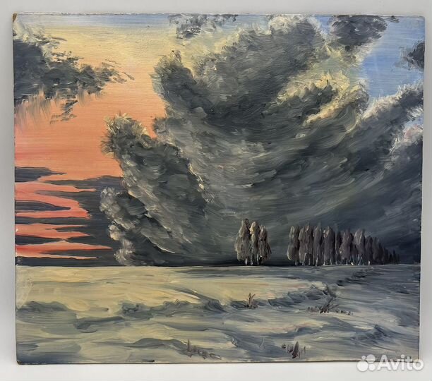 Картина Зимний Пейзаж Масло Картон 1990г