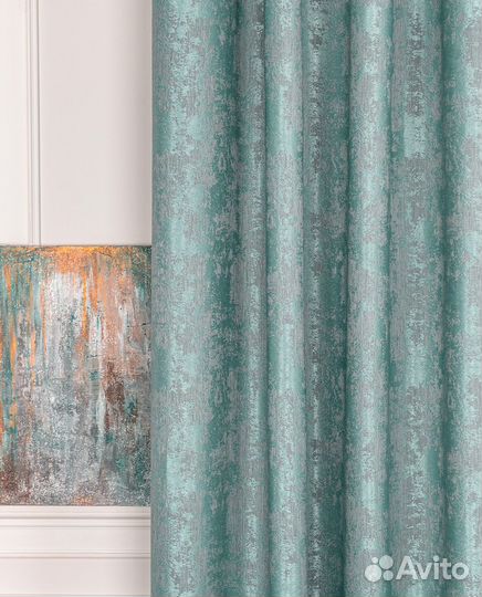 Шторы мрамор Зарина бирюза и тюль Вуаль готовые