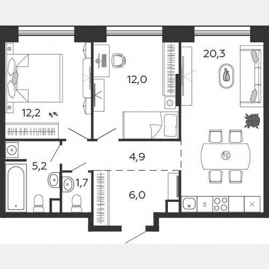 2-к. квартира, 62,3 м², 15/19 эт.