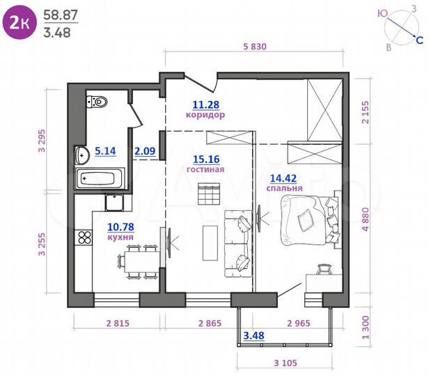 2-к. квартира, 62,4 м², 11/16 эт.