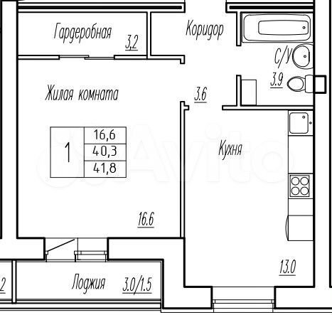 1-к. квартира, 40,3 м², 1/9 эт.