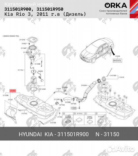 Топливный бак Kia Rio 3 дизель антикоррозия