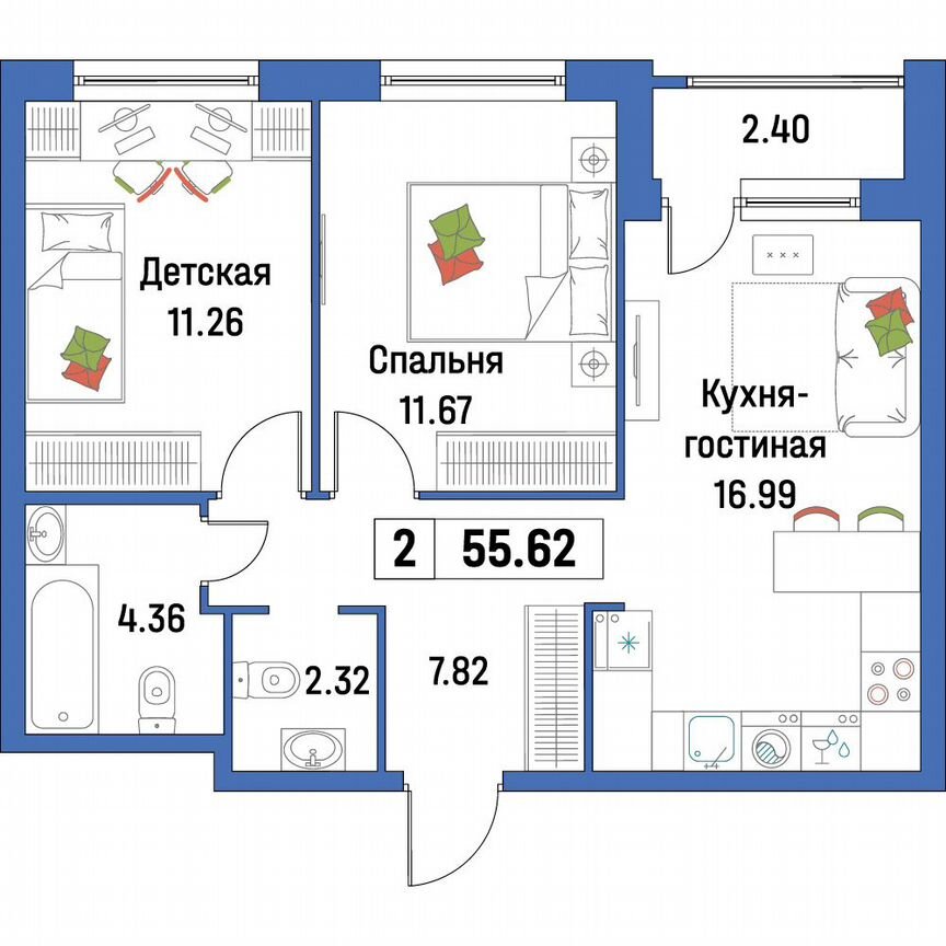 2-к. квартира, 55,6 м², 2/16 эт.