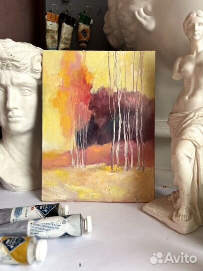 Картина маслом пейзаж, березы, 18/24 см