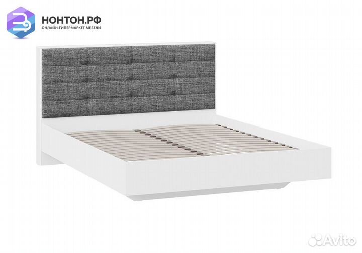 Кровать Тесса белый жемчуг / рогожка серая