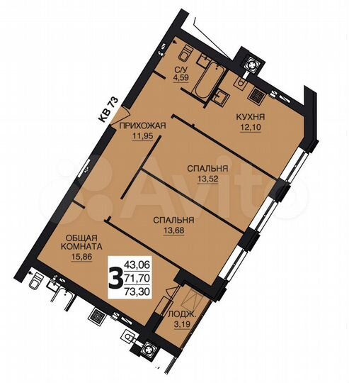 3-к. квартира, 73,3 м², 7/10 эт.