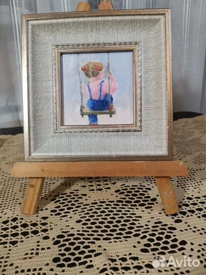 Миниатюрная картина в рамке, Масло На качелях