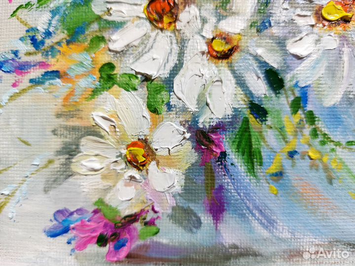 Картина с ромашками маслом Букет цветов в вазе