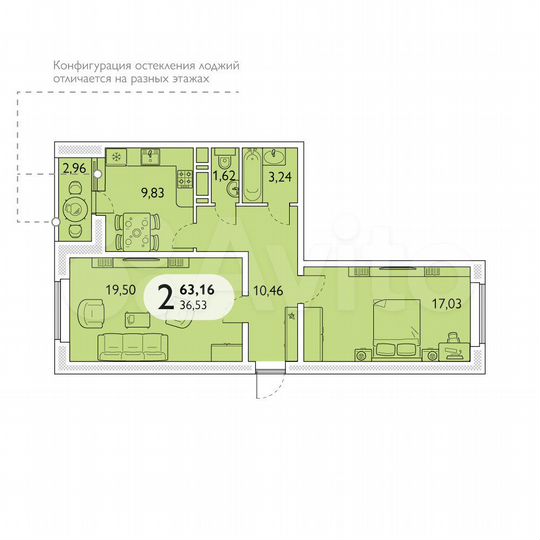 2-к. квартира, 63,2 м², 12/16 эт.