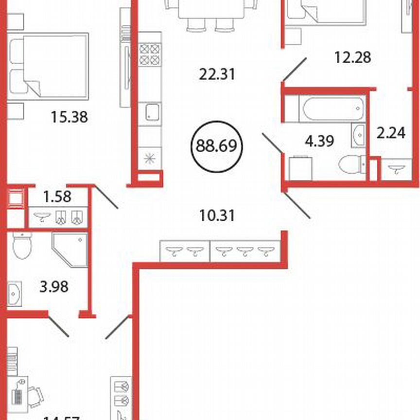 3-к. квартира, 88,7 м², 7/12 эт.