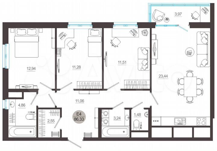 3-к. квартира, 86,3 м², 17/18 эт.