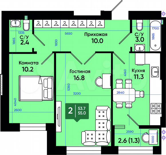 2-к. квартира, 55 м², 1/3 эт.