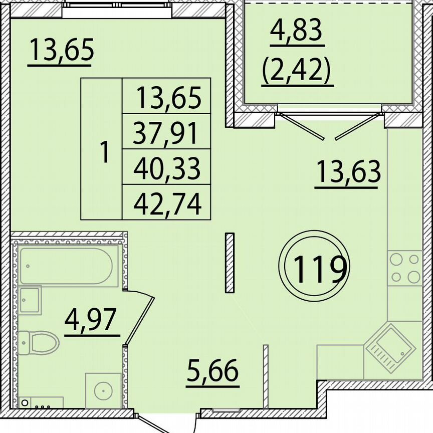 1-к. квартира, 37,9 м², 1/4 эт.