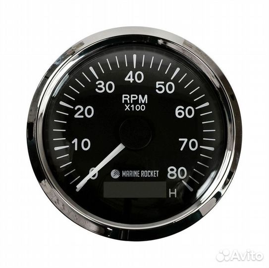 Тахометр 0-8000 об/мин со счетчиком моточасов делитель 1-10, черный циферблат, черный ободок, Marine