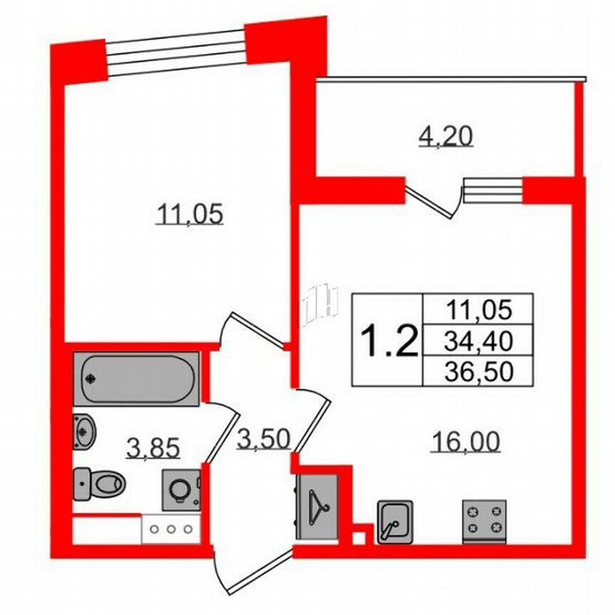 1-к. квартира, 34,4 м², 8/12 эт.