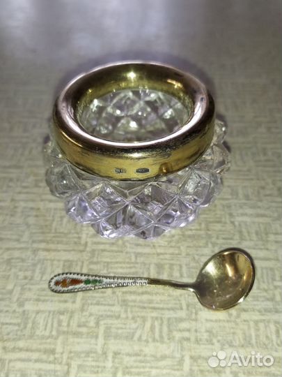 Солонка с ложечкой, хрусталь, серебро 875