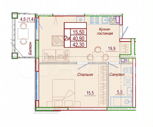 1-к. квартира, 42,3 м², 3/6 эт.