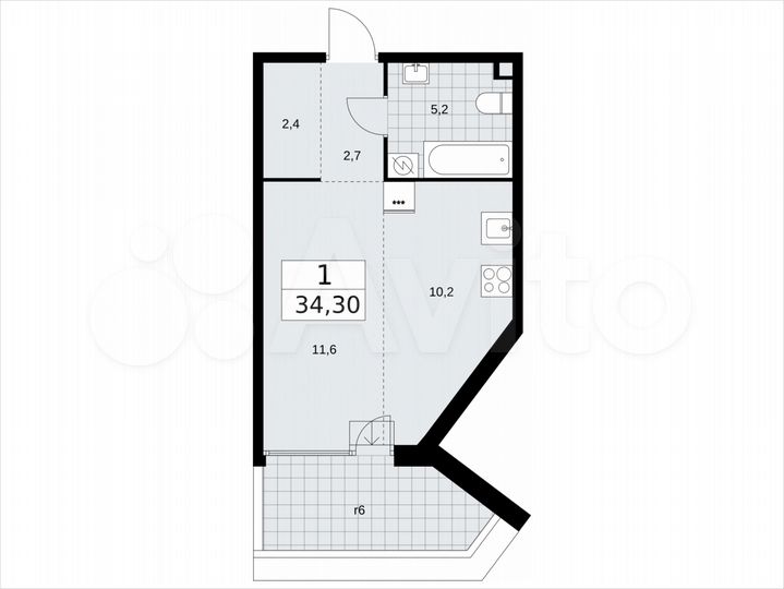 Квартира-студия, 34,3 м², 2/16 эт.