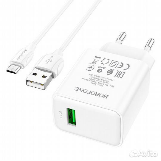 Сзу borofone BA-66A 1*USB+Micro 18W QC3.0 White