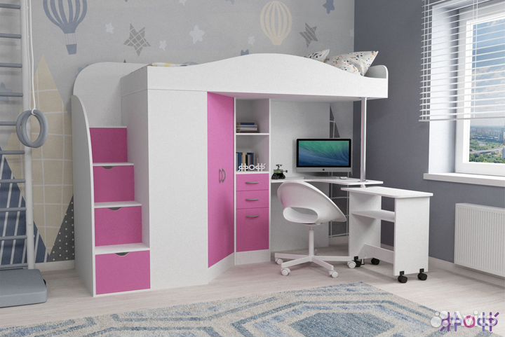Двухэтажная кровать чердак со столом и шкафом