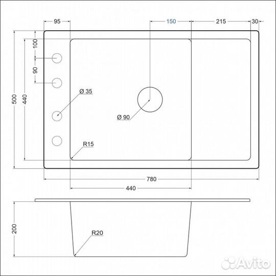 Кварцевая мойка emar EMQ-1780.Q Алмаз