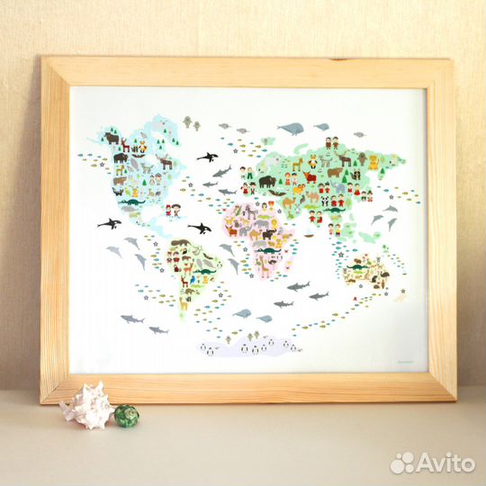 Детская карта мира с животными и людьми в рамке